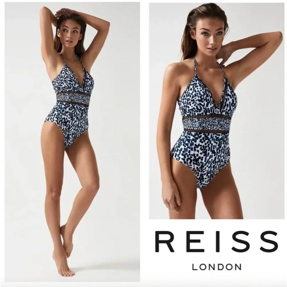 REISS Swimsuit Size 6 NEW Gia Halter Neck Lattice Trim Lasercut $170 Blue Print
